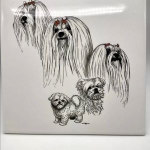 Hand Painted Dogs on White Ceramic Tile Decorative Signed Laura Rogers 1993